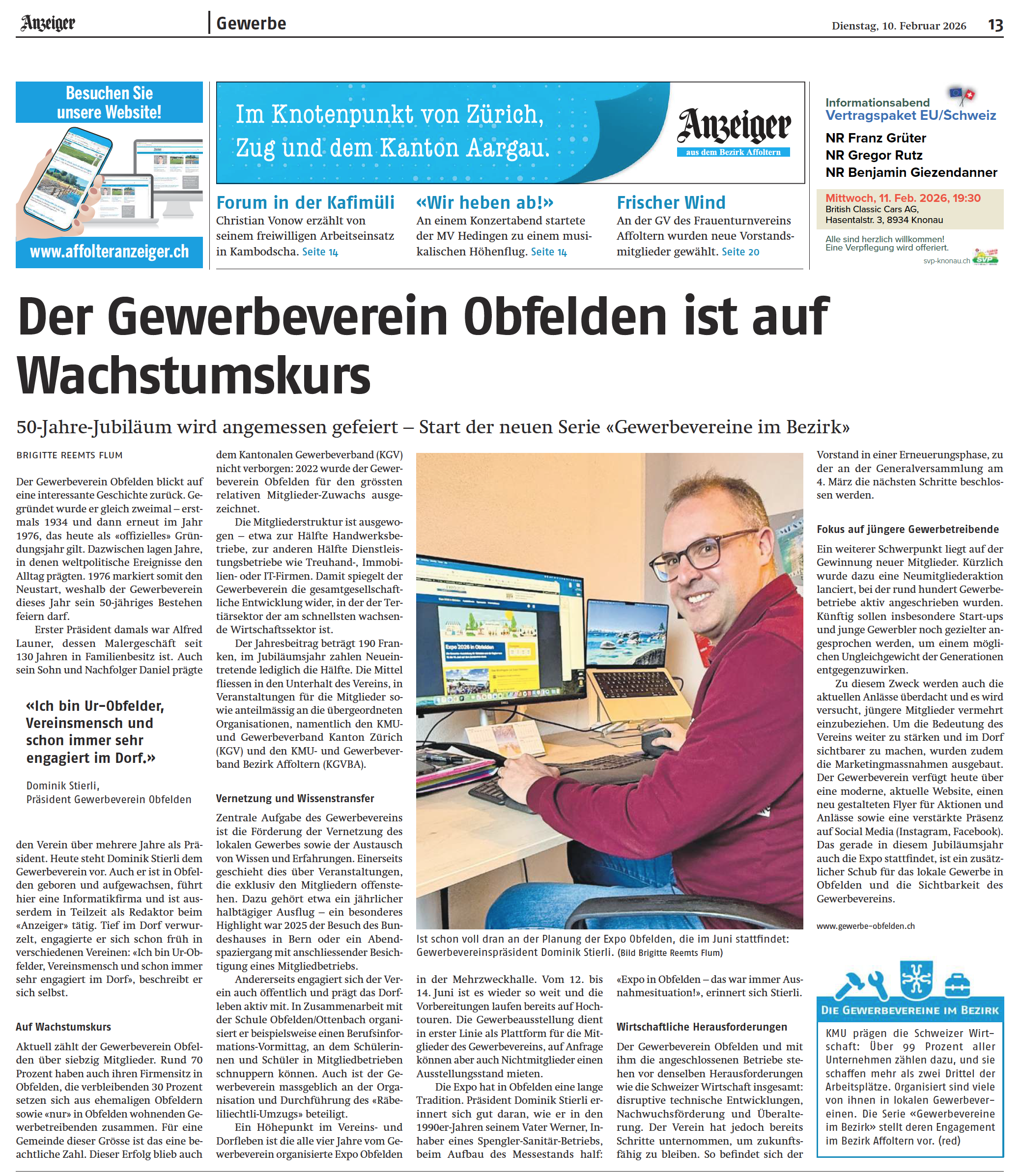 Der Gewerbeverein Obfelden wird im „Anzeiger“ vorgestellt